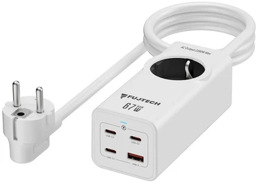 Fuj:tech 5-osainen 67W GaN jatkojohto 4 USB-portilla, 2 m, valkoinen