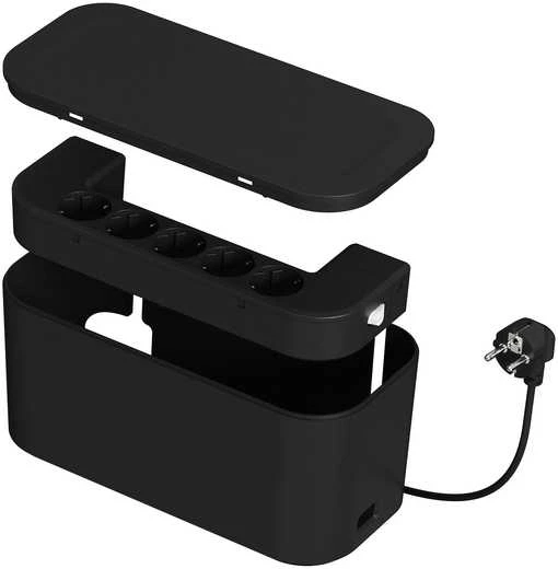 Fuj:tech 5 pistorasian jatkojohtolaatikko, 1 x USB-A + 1 x USB-C, musta