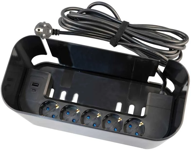 Fuj:tech 5 pistorasian jatkojohtolaatikko, 1 x USB-A + 1 x USB-C, musta