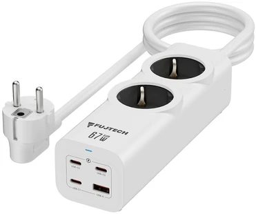 Fuj:tech 6-osainen 67W GaN jatkojohto 4 USB-portilla, 2 m, valkoinen