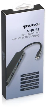 „Fuj:tech Slim“ USB-C šakotuvas su 100 W PD įkrovimu, 5 prievadais