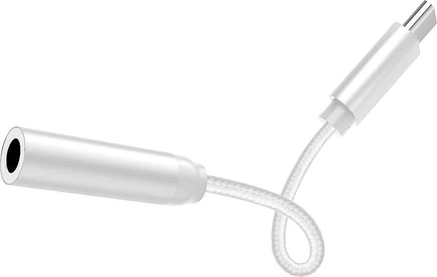 Baltas USB-C į 3.5mm garso adapteris su pintu laidu