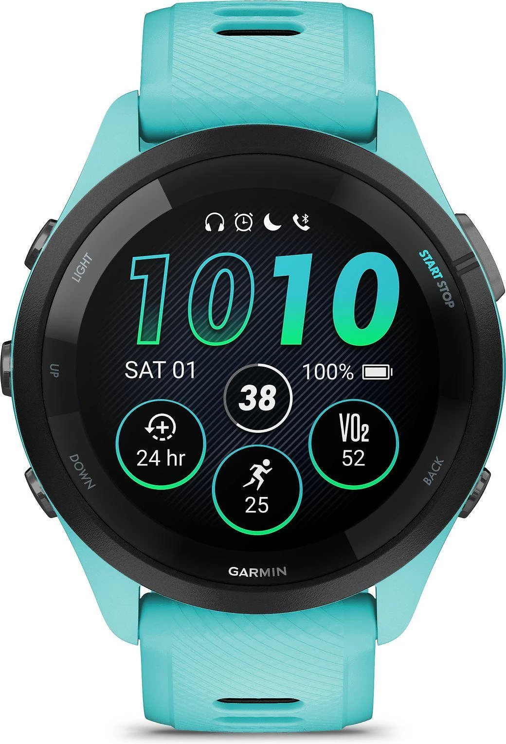 Išmanusis laikrodis Garmin Forerunner 265. Juodas apvadas su žalsvai mėlynos spalvos korpusu ir žalsvai mėlynos ir juodos spalvos silikoniniu dirželiu
