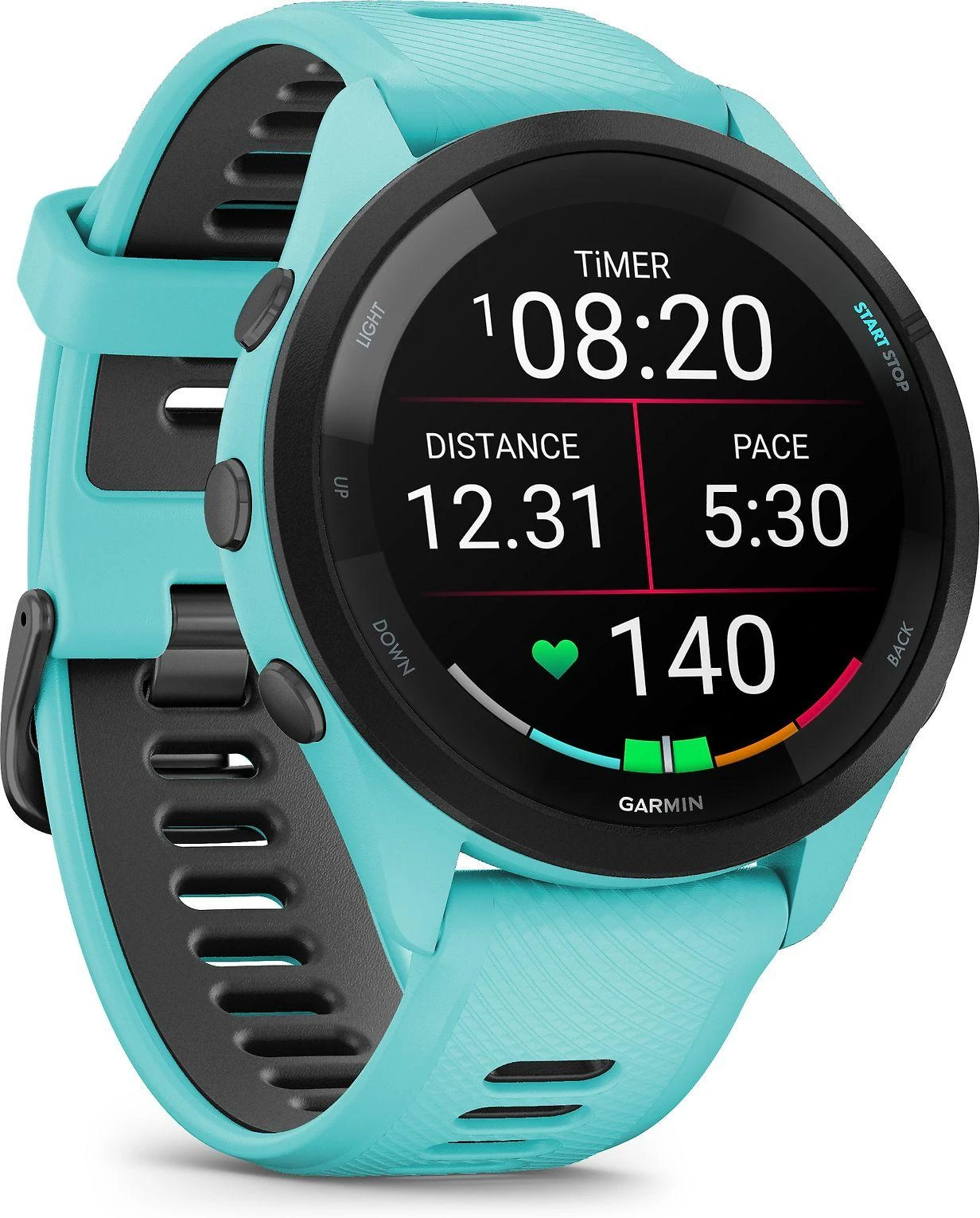 Išmanusis laikrodis Garmin Forerunner 265. Juodas apvadas su žalsvai mėlynos spalvos korpusu ir žalsvai mėlynos ir juodos spalvos silikoniniu dirželiu