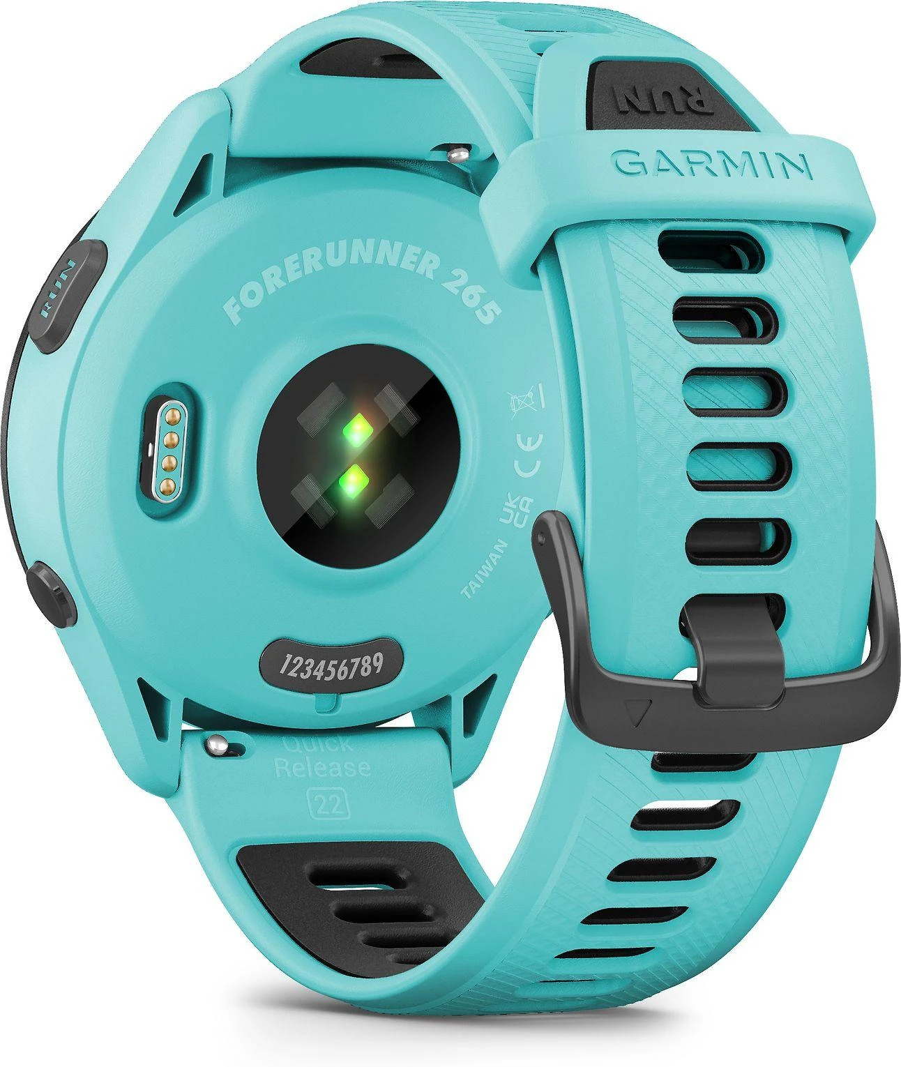 Išmanusis laikrodis Garmin Forerunner 265. Juodas apvadas su žalsvai mėlynos spalvos korpusu ir žalsvai mėlynos ir juodos spalvos silikoniniu dirželiu