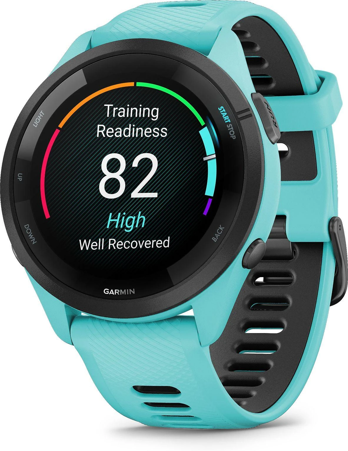 Išmanusis laikrodis Garmin Forerunner 265. Juodas apvadas su žalsvai mėlynos spalvos korpusu ir žalsvai mėlynos ir juodos spalvos silikoniniu dirželiu
