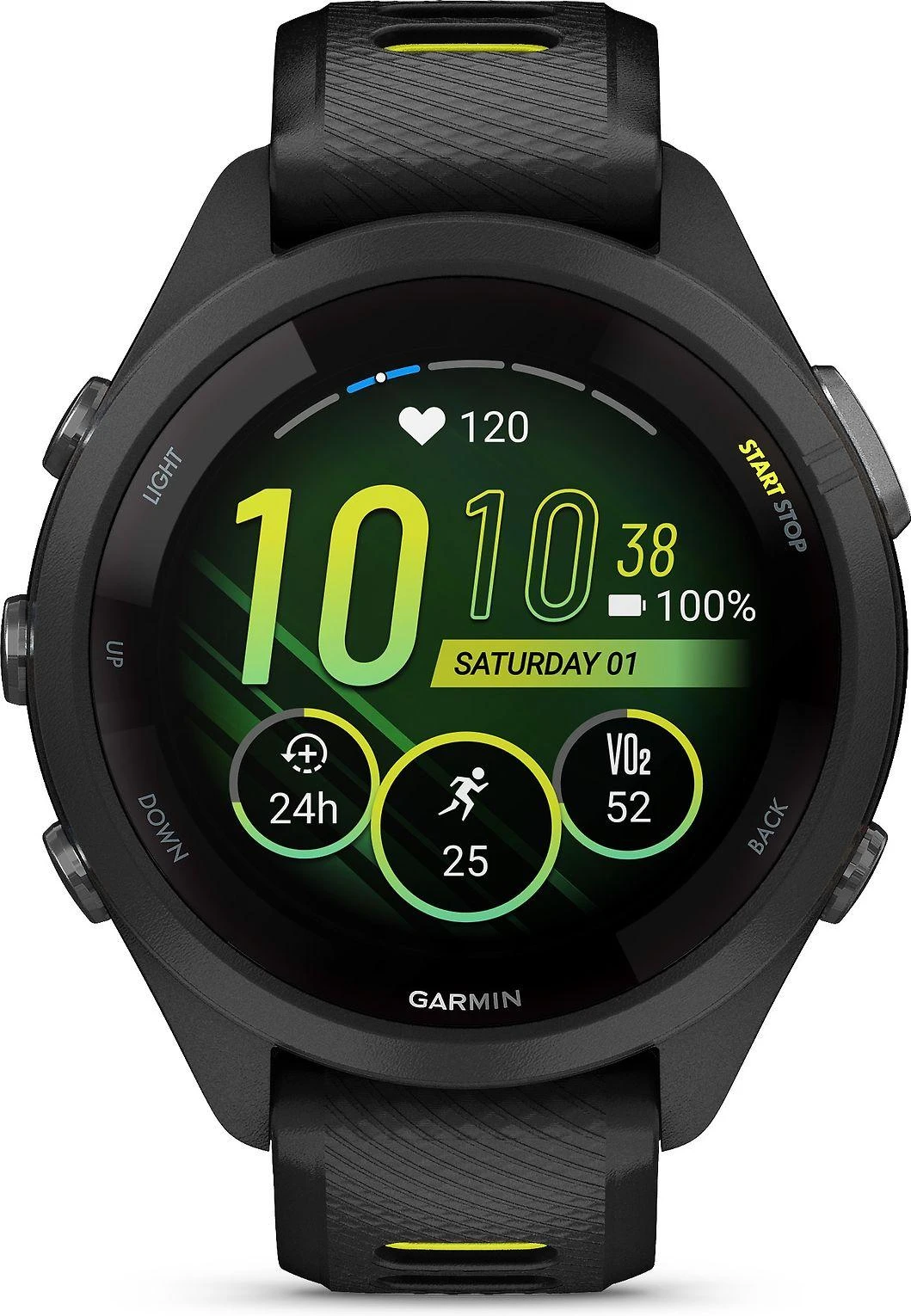 Išmanusis laikrodis Garmin Forerunner 265S. Juodas apvadas ir korpusas su juodos bei „Amp Geltona“ (geltonos) spalvos silikoniniu dirželiu