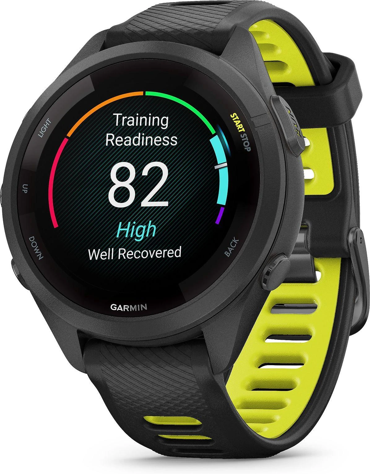 Išmanusis laikrodis Garmin Forerunner 265S. Juodas apvadas ir korpusas su juodos bei „Amp Geltona“ (geltonos) spalvos silikoniniu dirželiu