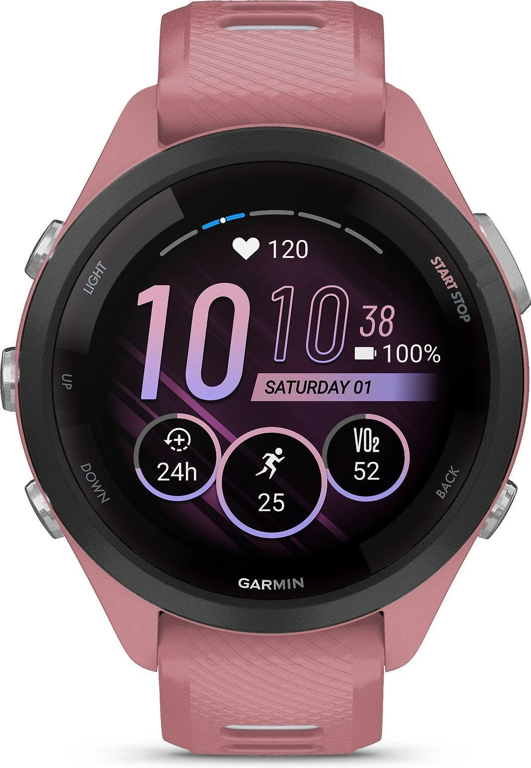 Išmanusis laikrodis Garmin Forerunner 265S. Juodas apvadas su šviesiai rausvu korpusu ir šviesiai rausvos ir pilkšvos spalvos silikoniniu dirželiu