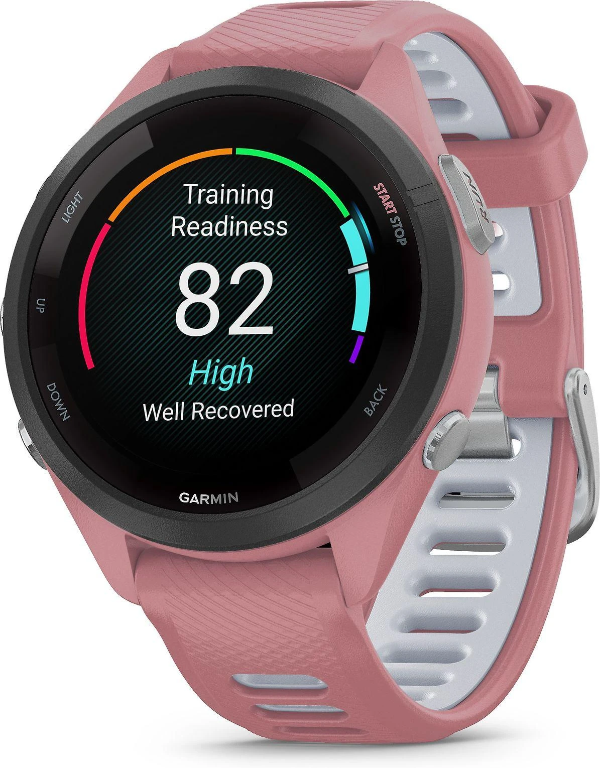 Išmanusis laikrodis Garmin Forerunner 265S. Juodas apvadas su šviesiai rausvu korpusu ir šviesiai rausvos ir pilkšvos spalvos silikoniniu dirželiu
