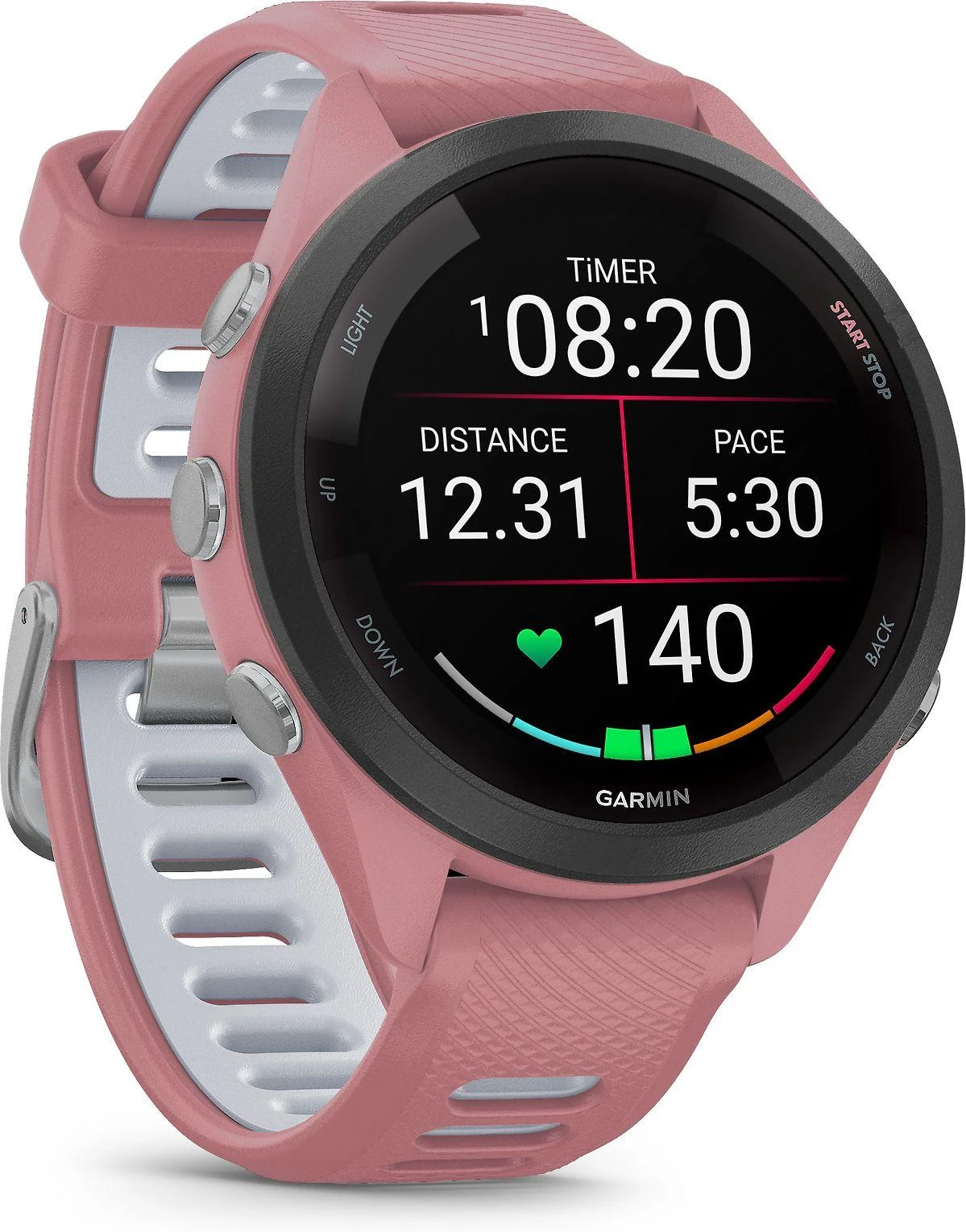 Išmanusis laikrodis Garmin Forerunner 265S. Juodas apvadas su šviesiai rausvu korpusu ir šviesiai rausvos ir pilkšvos spalvos silikoniniu dirželiu