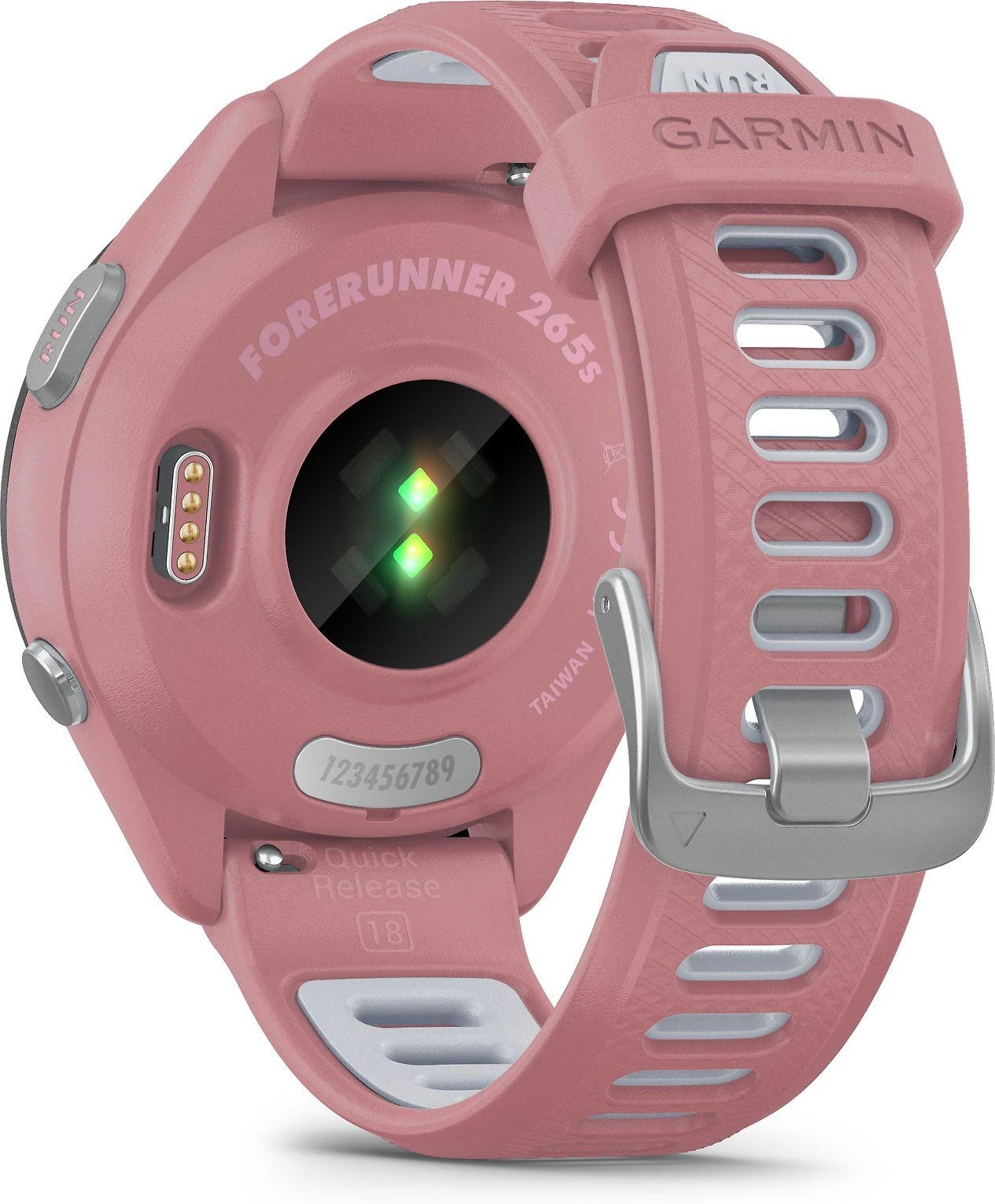 Išmanusis laikrodis Garmin Forerunner 265S. Juodas apvadas su šviesiai rausvu korpusu ir šviesiai rausvos ir pilkšvos spalvos silikoniniu dirželiu