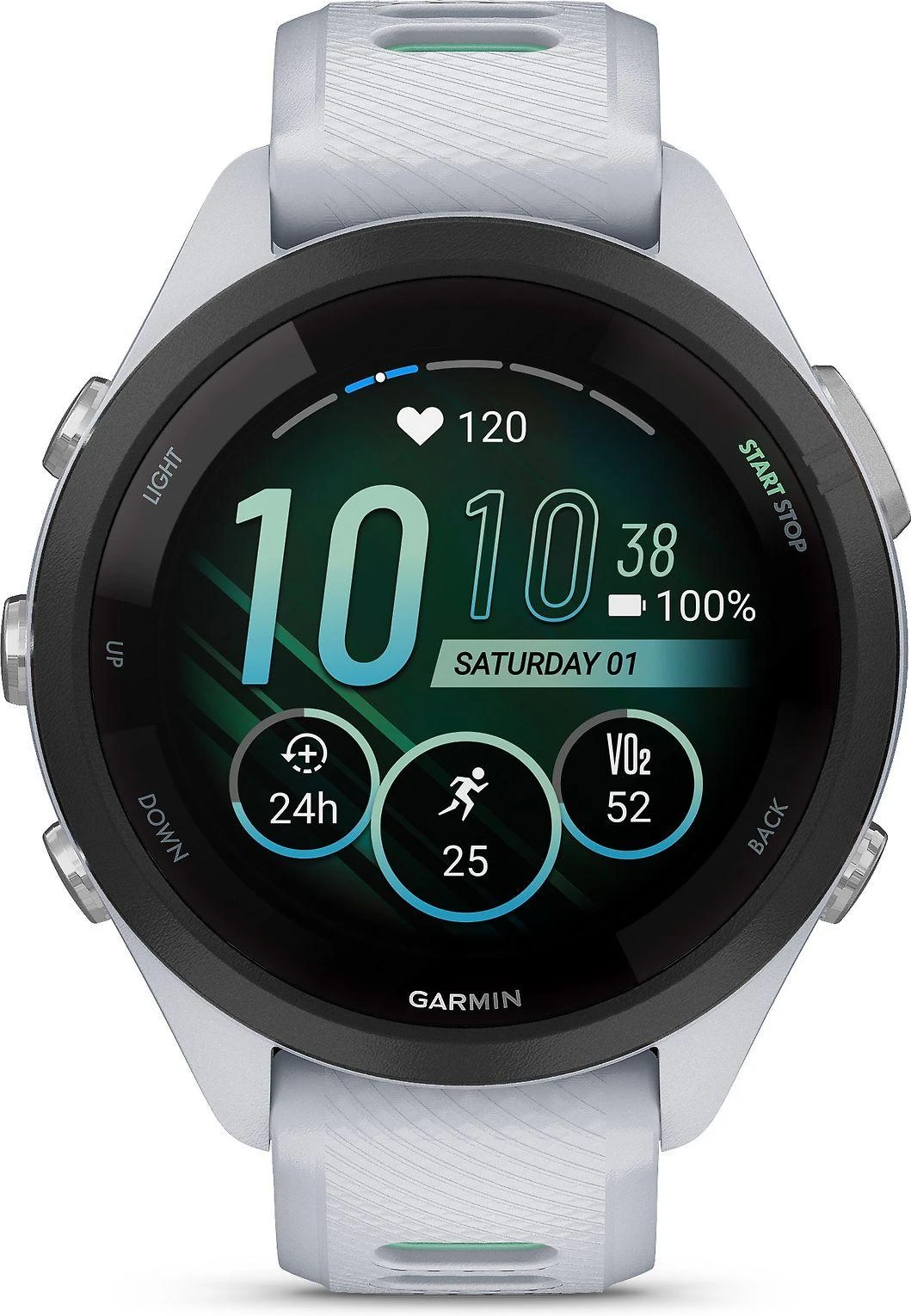 Išmanusis laikrodis Garmin Forerunner 265S. Juodas apvadas su baltojo akmens spalvos korpusu ir baltojo akmens bei žalsvos spalvos silikoniniu dirželiu