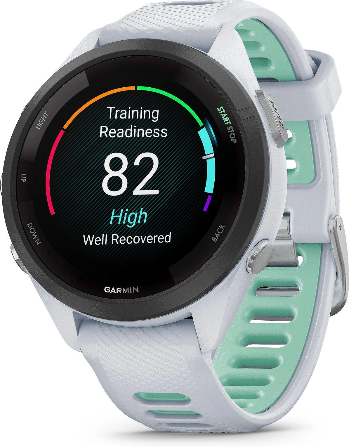 Išmanusis laikrodis Garmin Forerunner 265S. Juodas apvadas su baltojo akmens spalvos korpusu ir baltojo akmens bei žalsvos spalvos silikoniniu dirželiu