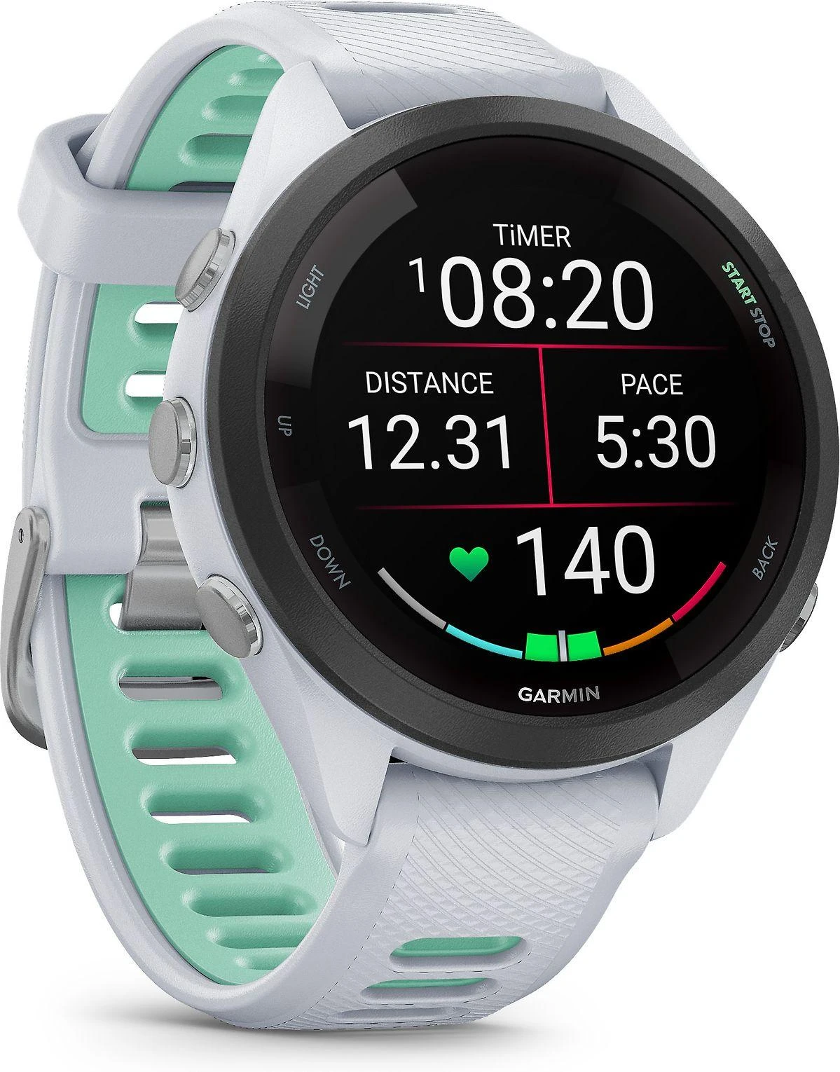 Išmanusis laikrodis Garmin Forerunner 265S. Juodas apvadas su baltojo akmens spalvos korpusu ir baltojo akmens bei žalsvos spalvos silikoniniu dirželiu