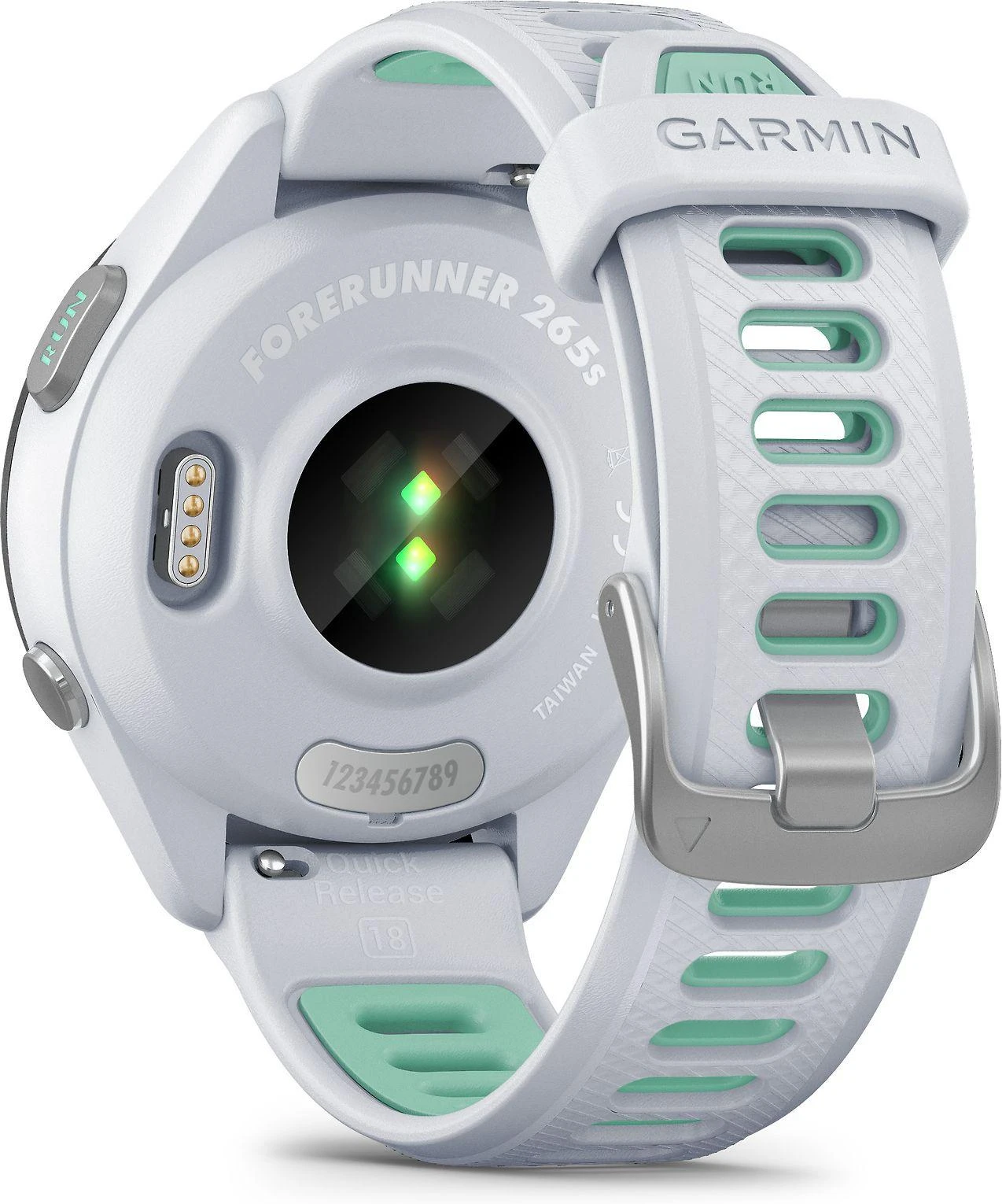 Išmanusis laikrodis Garmin Forerunner 265S. Juodas apvadas su baltojo akmens spalvos korpusu ir baltojo akmens bei žalsvos spalvos silikoniniu dirželiu