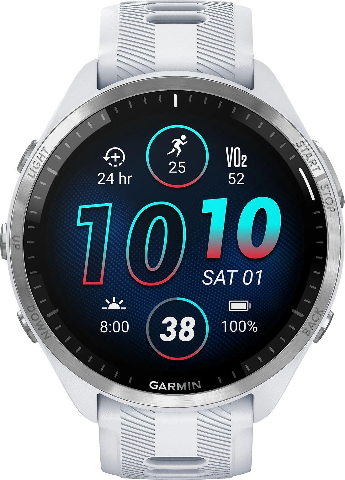 Išmanusis laikrodis Garmin Forerunner 965, Titano apvadas su „Whitestone“ (baltojo akmens) spalvos korpusu ir „Whitestone“ (baltojo akmens) ir „Powder Grey“ (pilkšvos) spalvos silikoniniu dirželiu