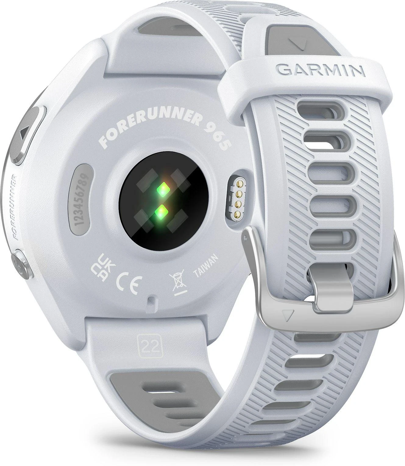 Išmanusis laikrodis Garmin Forerunner 965, Titano apvadas su „Whitestone“ (baltojo akmens) spalvos korpusu ir „Whitestone“ (baltojo akmens) ir „Powder Grey“ (pilkšvos) spalvos silikoniniu dirželiu