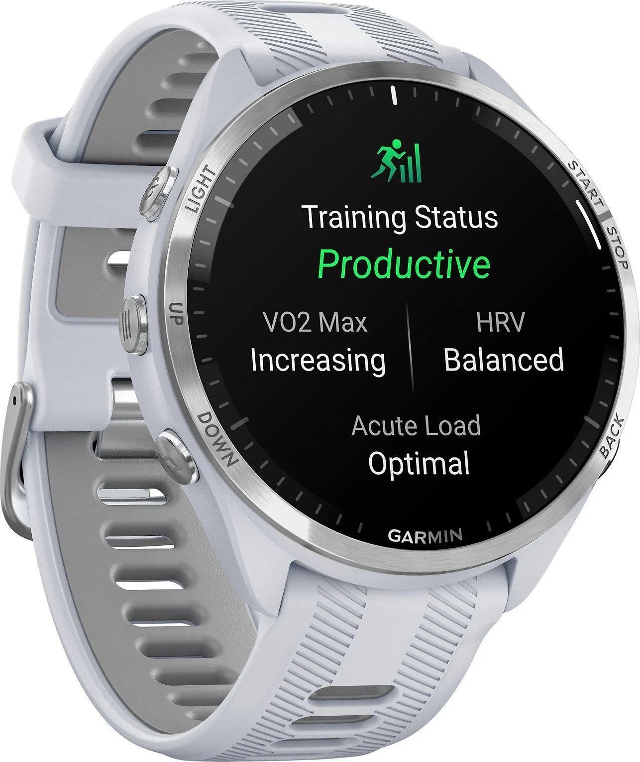 Išmanusis laikrodis Garmin Forerunner 965, Titano apvadas su „Whitestone“ (baltojo akmens) spalvos korpusu ir „Whitestone“ (baltojo akmens) ir „Powder Grey“ (pilkšvos) spalvos silikoniniu dirželiu