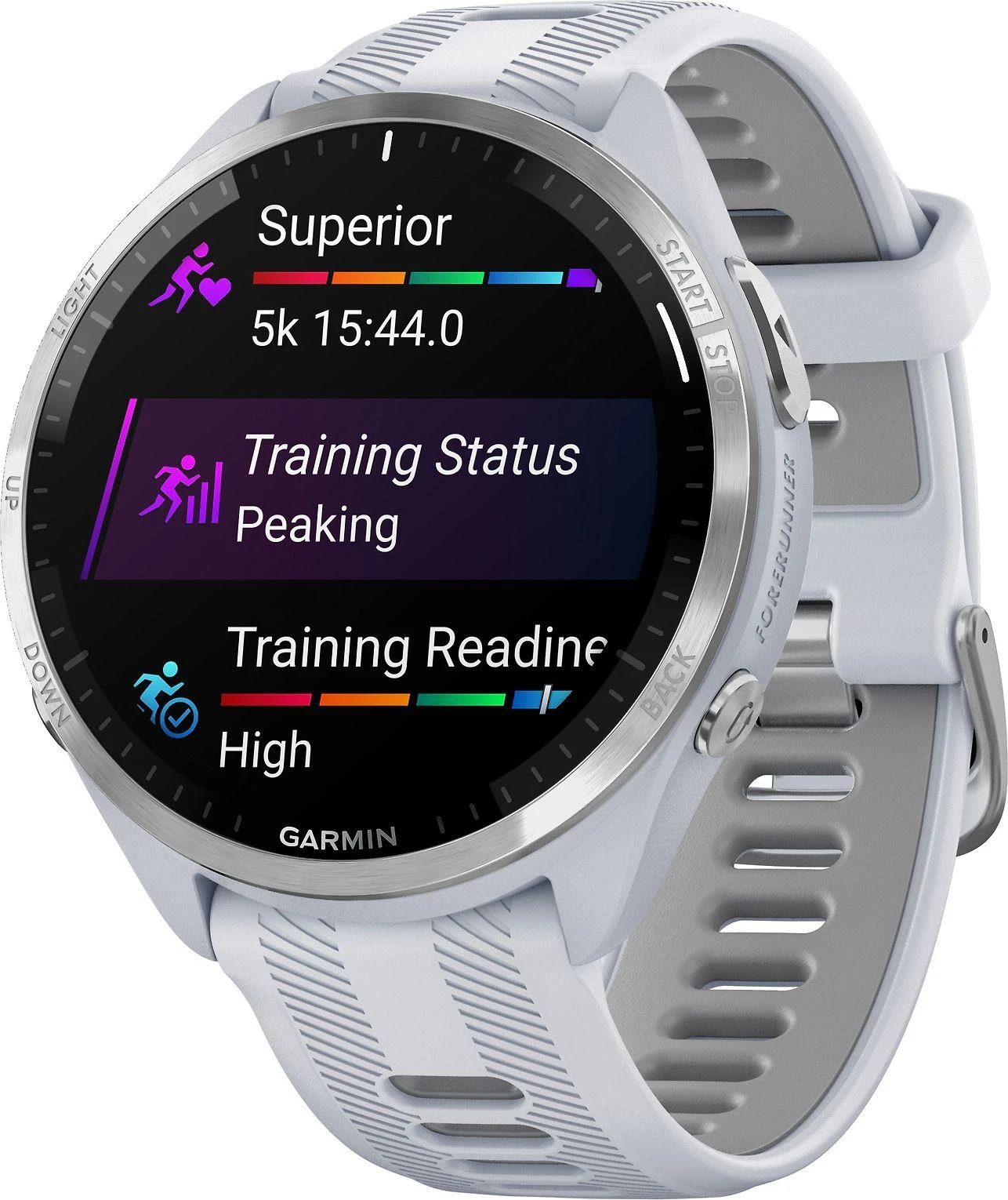 Išmanusis laikrodis Garmin Forerunner 965, Titano apvadas su „Whitestone“ (baltojo akmens) spalvos korpusu ir „Whitestone“ (baltojo akmens) ir „Powder Grey“ (pilkšvos) spalvos silikoniniu dirželiu