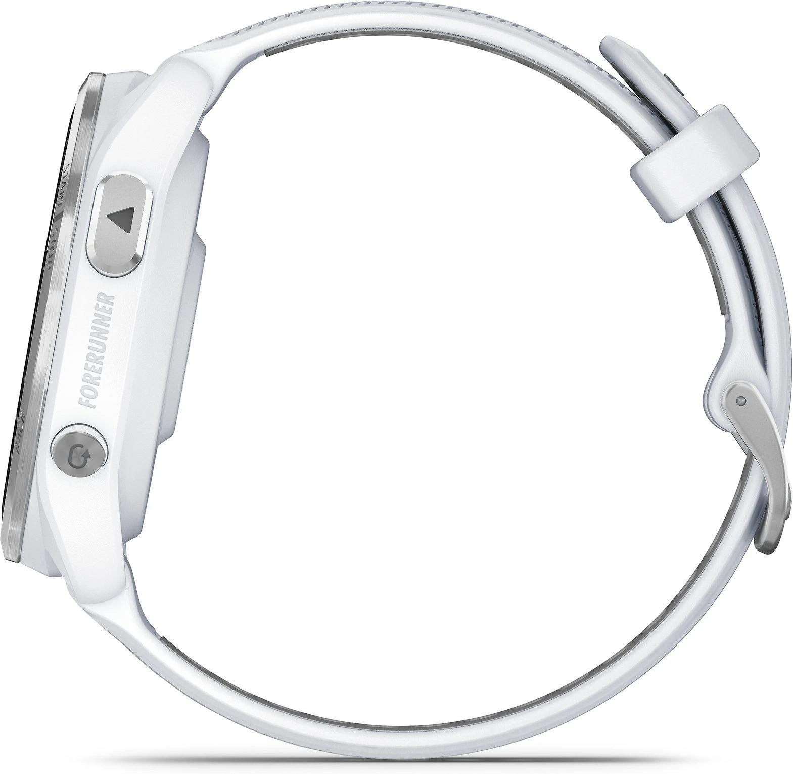 Išmanusis laikrodis Garmin Forerunner 965, Titano apvadas su „Whitestone“ (baltojo akmens) spalvos korpusu ir „Whitestone“ (baltojo akmens) ir „Powder Grey“ (pilkšvos) spalvos silikoniniu dirželiu