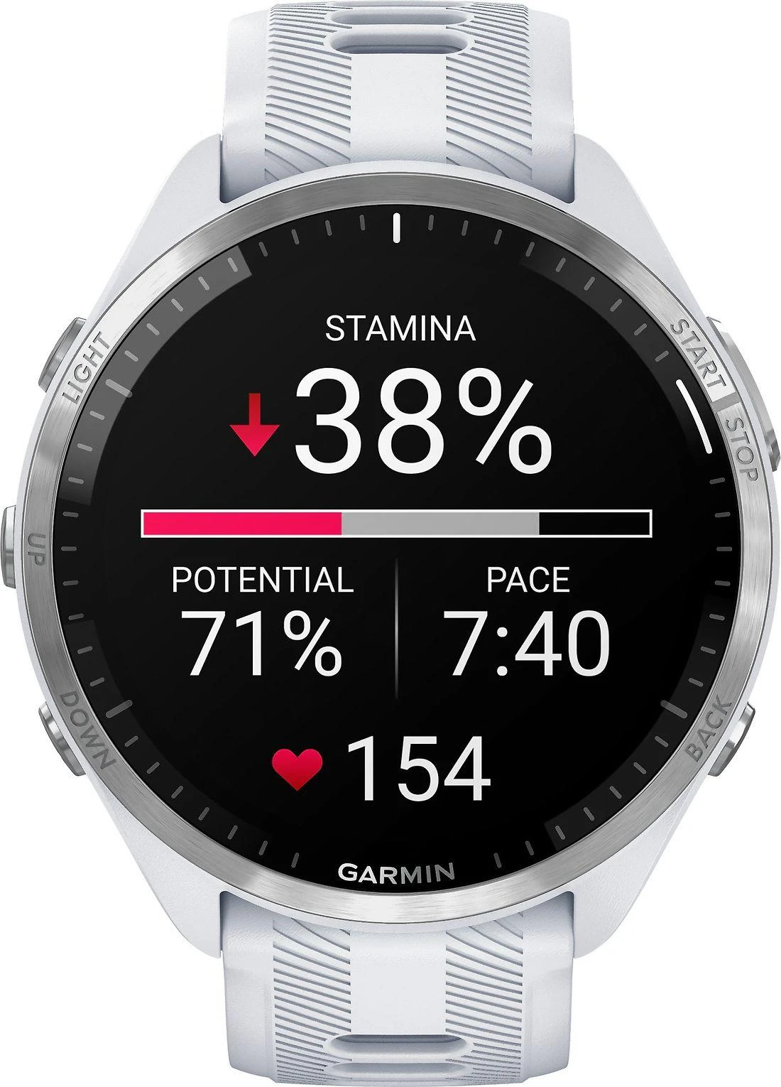 Išmanusis laikrodis Garmin Forerunner 965, Titano apvadas su „Whitestone“ (baltojo akmens) spalvos korpusu ir „Whitestone“ (baltojo akmens) ir „Powder Grey“ (pilkšvos) spalvos silikoniniu dirželiu