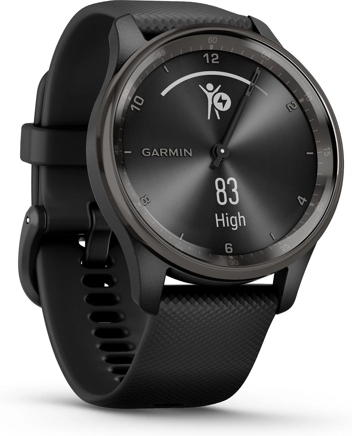 Išmanusis laikrodis Garmin vívomove® Trend, Skalūno spalvos nerūdijančiojo plieno apvadas, su juodu korpusu ir silikoniniu dirželiu