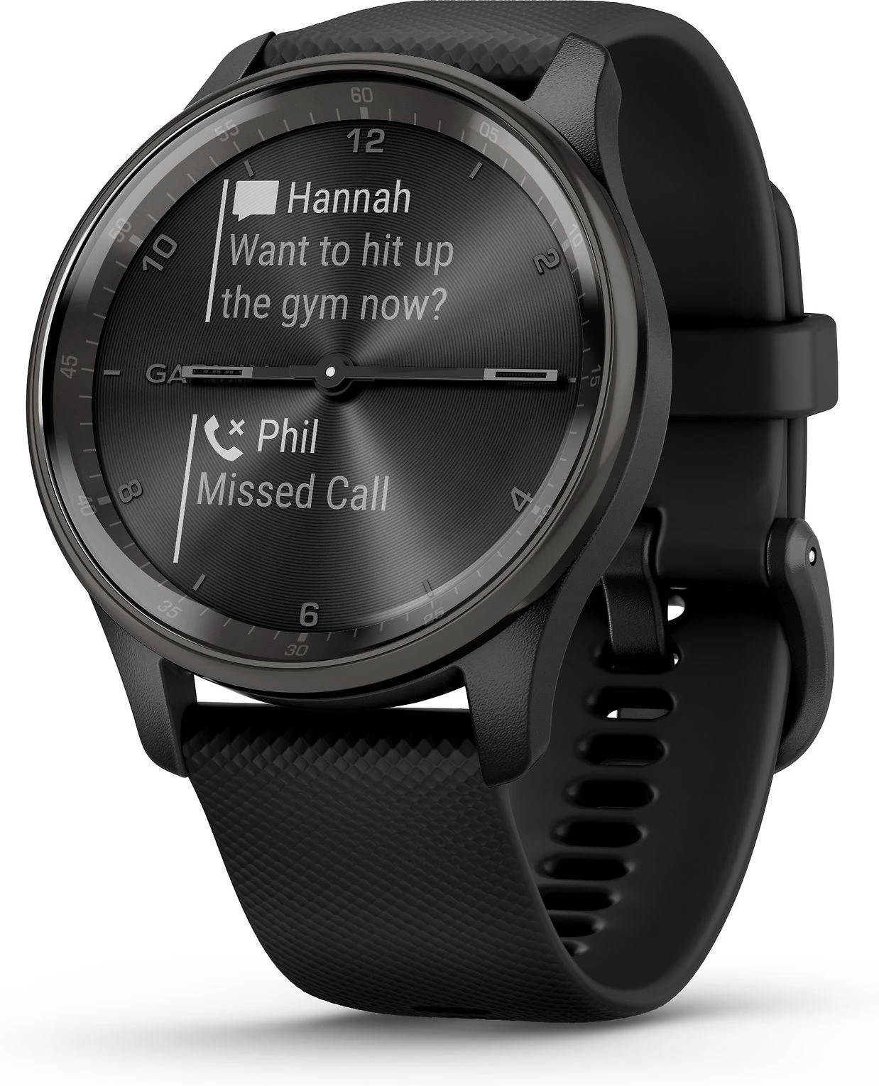 Išmanusis laikrodis Garmin vívomove® Trend, Skalūno spalvos nerūdijančiojo plieno apvadas, su juodu korpusu ir silikoniniu dirželiu
