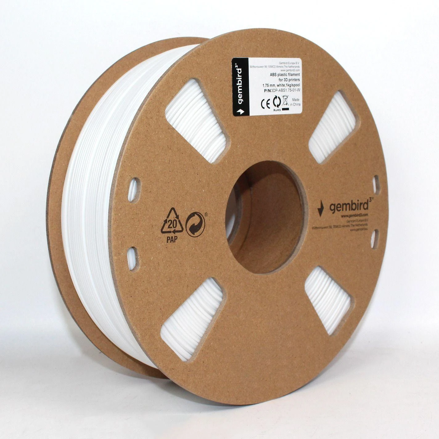 Gembird Flashforge ABS plastikinės gijos | 1,75 mm skersmuo, 1kg/ritė | Baltas
