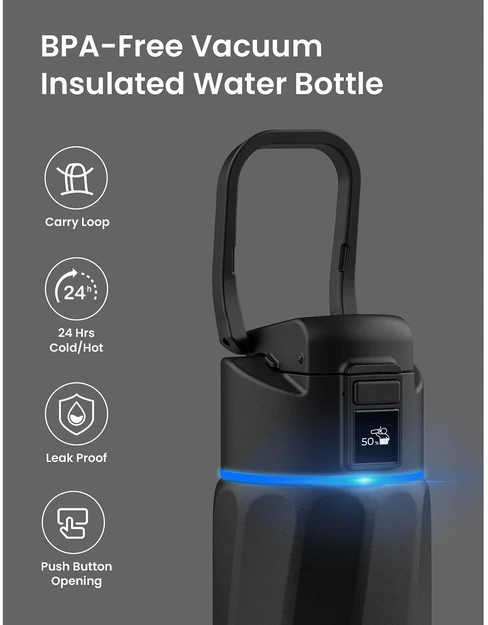 Gertuvė WaterH BOOST Chug Lid älyjuomapullo, 710 ml, musta