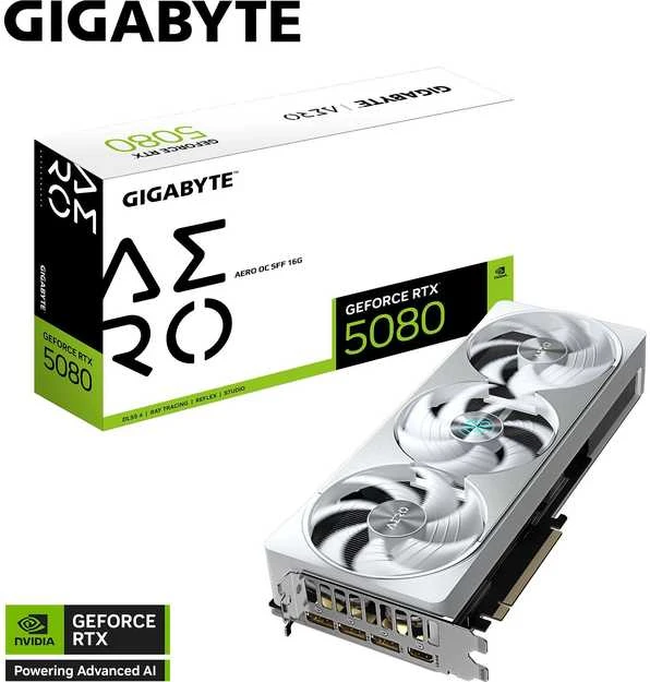 Vaizdo plokštė GIGABYTE GeForce RTX 5080 AERO OC SFF 16GB GDDR7, 256bit, PCI-E 5.0, 2730 MHz Core Clock, 3 x DisplayPort, 1 x HDMI, GV-N5080AERO OC-16GD