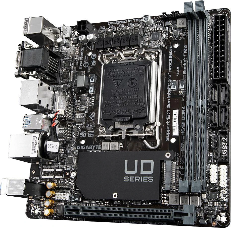 Pagrindinė plokštė Gigabyte Gigabaitas | H610I DDR4 1,0 M/B | Procesorių šeima Intel | Procesoriaus lizdas LGA1700 | DDR4 DIMM | Atminties lizdai 2 | Palaikomos standžiojo disko sąsajos SATA, M.2 | SATA jungčių skaičius 4 | Mikroschemų rinkinys Intel H610 Express | Mini-ITX