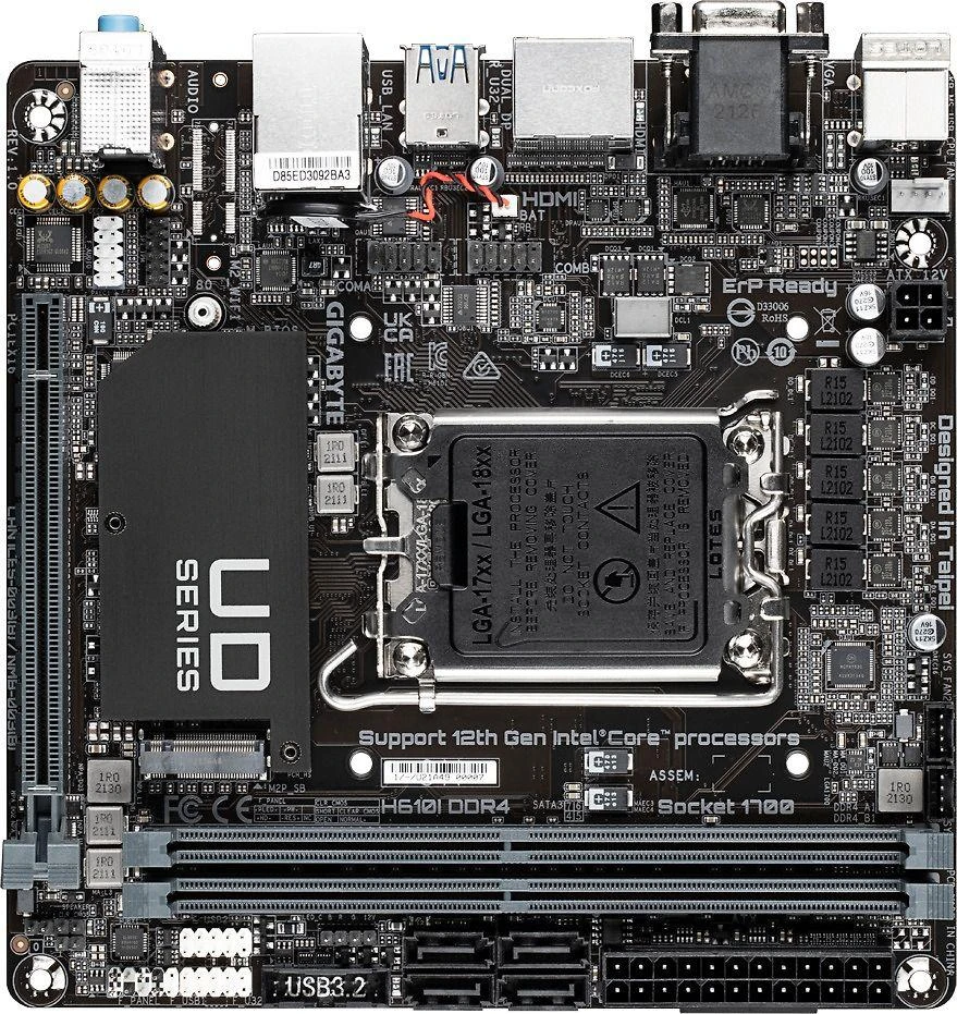 Pagrindinė plokštė Gigabyte Gigabaitas | H610I DDR4 1,0 M/B | Procesorių šeima Intel | Procesoriaus lizdas LGA1700 | DDR4 DIMM | Atminties lizdai 2 | Palaikomos standžiojo disko sąsajos SATA, M.2 | SATA jungčių skaičius 4 | Mikroschemų rinkinys Intel H610 Express | Mini-ITX