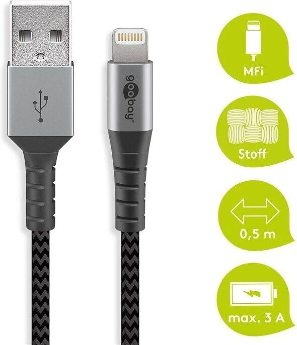Goobay Textile Lightning - USB laidas, 0,5 m, erdvinis pilkas