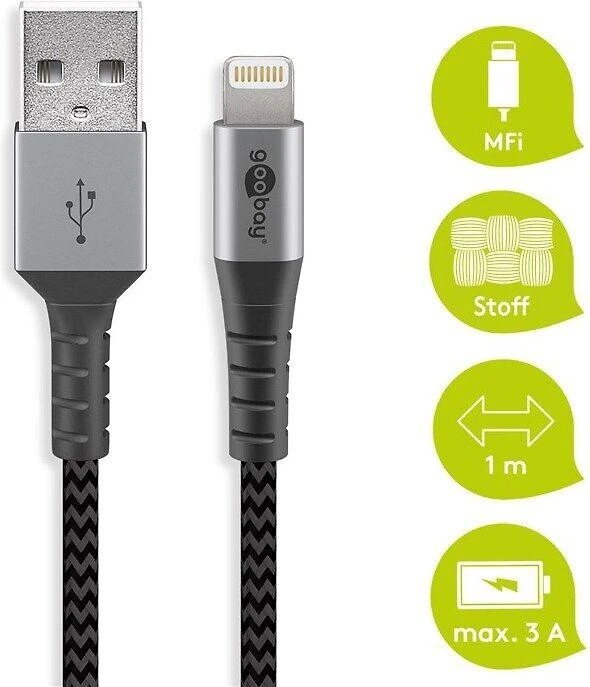 Goobay | Lightning to USB-A tekstilinis kabelis su metaliniais kištukais | 49268 | USB-A į „Lightning“.