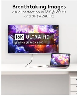 HDMI laidas sujungtas su 16K ekranu ir nešiojamu kompiuteriu