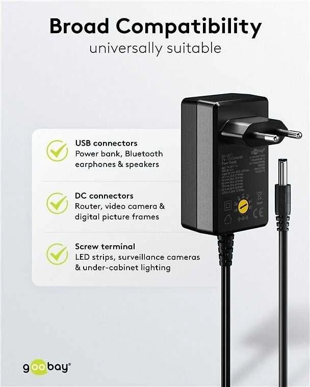 Goobay universalus maitinimo šaltinis 3 V - 12 V, maks. 7,2 W