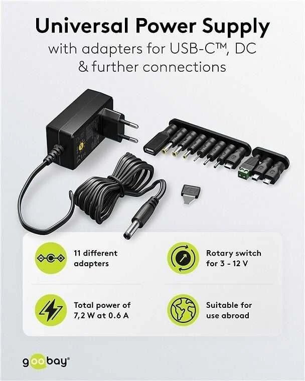 Goobay universalus maitinimo šaltinis 3 V - 12 V, maks. 7,2 W