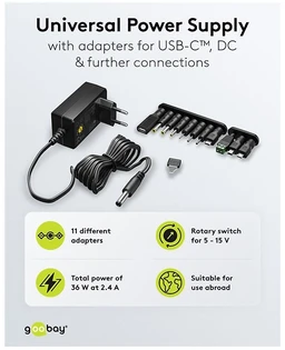 „Goobay“ universalus maitinimo šaltinis 5–15 V, maks. 36 W, 2,4 A | 74436