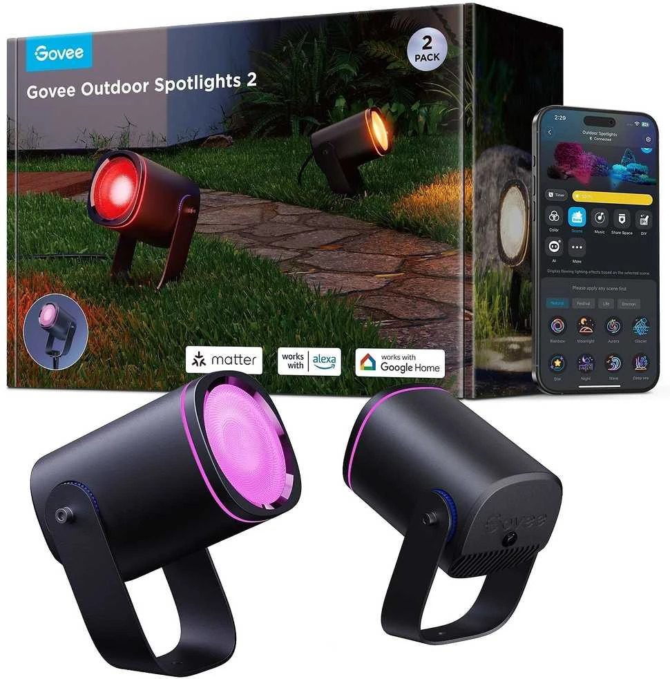 Outdoor Govee H7093 RGBICWW lauko prožektoriai | LED apšvietimas | Lauko, 750 lm, 2,4 GHz „Wi-Fi“ + „Bluetooth“