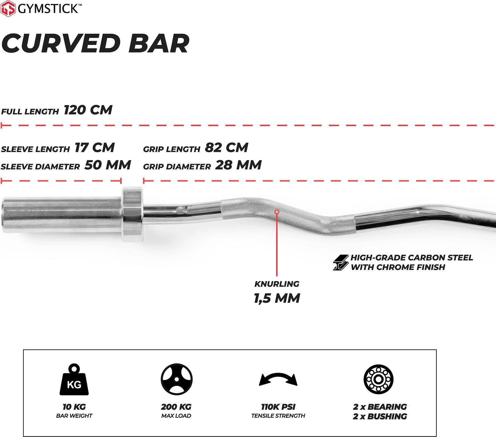 Olimpinis grifas GYMSTICK Curved Bar 10kg