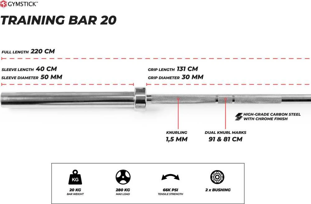 Olimpinis grifas GYMSTICK Training Bar 20kg