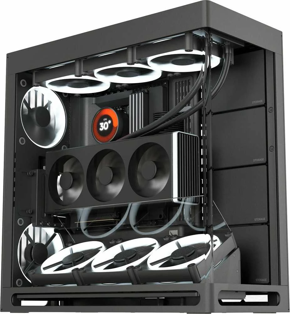 HAVN HS 420 VGPU PC-kompiuterio korpusas, Midi-Tower, E-ATX, Tempered Glass, PCIe 5.0 Riser Kabelis – juodos spalvos
