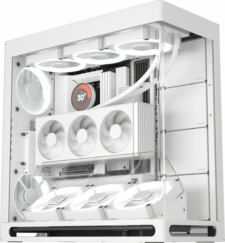 HAVN HS 420 VGPU PC-kompiuterio korpusas, Midi-Tower, E-ATX, Tempered Glass, PCIe 5.0 Riser Kabelis – baltos spalvos