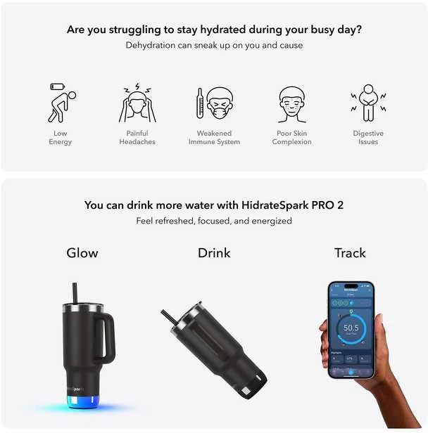 Gertuvė HidrateSpark PRO 2 stiklinė, 887 ml, juoda