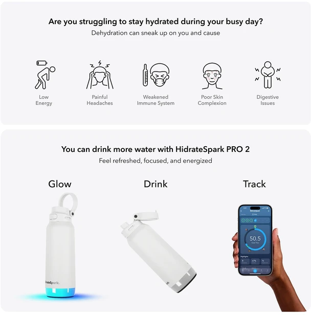 Gertuvė „HidrateSpark PRO 2“ išmanusis buteliukas, 950 ml, baltas
