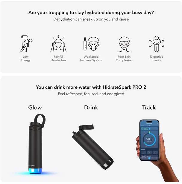 Gertuvė HidrateSpark PRO 2 išmanusis buteliukas su šiaudeliu, 621 ml, juodas