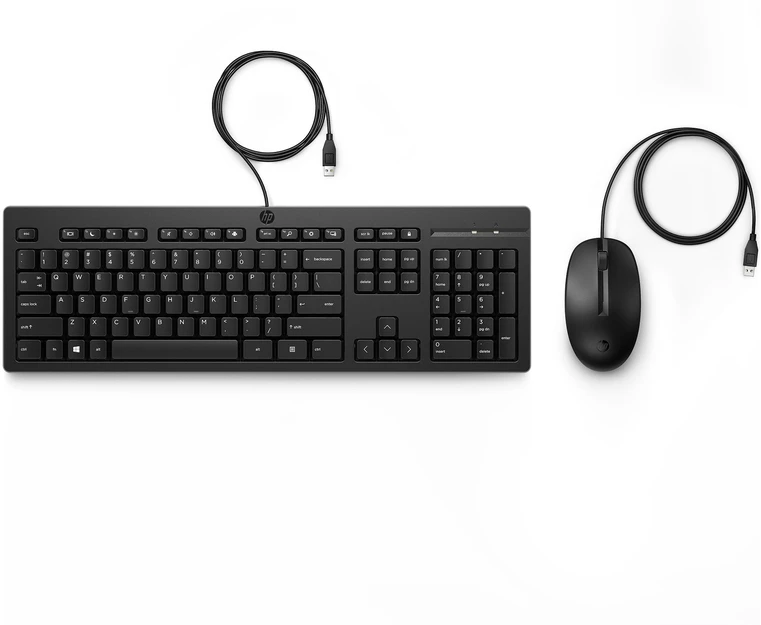 HP 225 Klaviatūra su laidu ir pelė Combo, Full-size (100%), su laidu, USB, Juodas, su pele