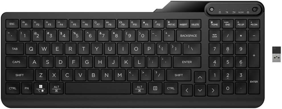 HP 475 dviejų režimų belaidė klaviatūra, pilno dydžio (100 %), belaidė, RF belaidė + „Bluetooth“, membraninė, juoda