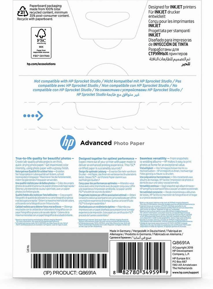 Hewlett Packard (HP) HP Advanced Photo Paper blizgus 25 lapų 10x15 cm be paraščių